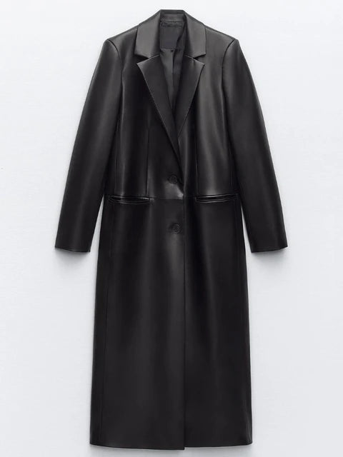 Pre Order:  Black Faux Leather Single-Breasted Turn-Down-Collar Trench Coat