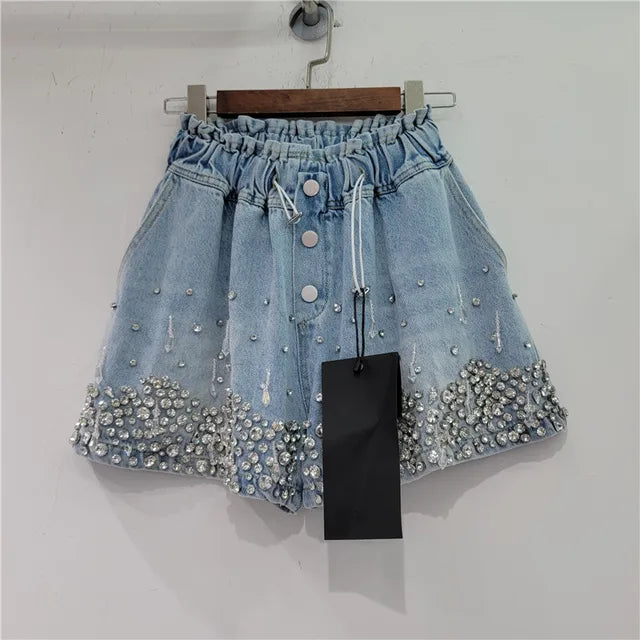 Pre Order:  Tassel Bead Inlaid Diamond Wide Leg Denim Shorts