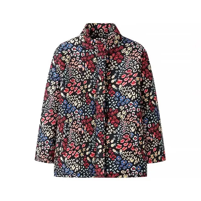 Pre Order:  Casual Loose Print Zip Up Quilted Cotton Jacket