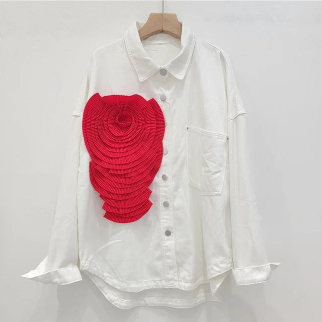 Pleated Flower Casual Denim Shirt