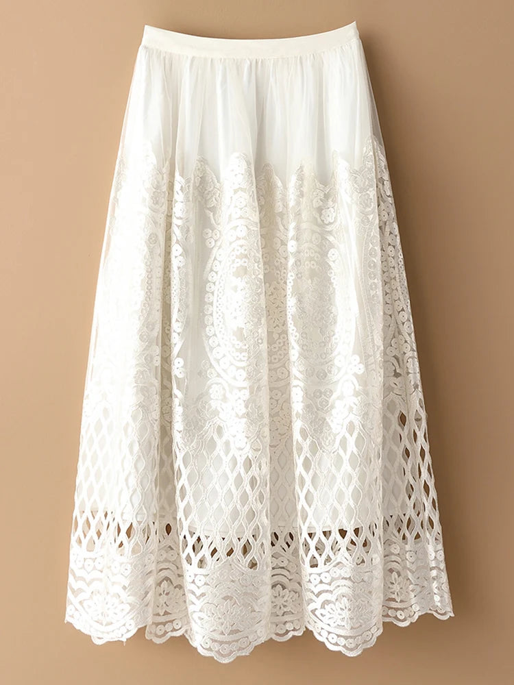 Pre Order:  Lattice Damask Lace Midi Skirt