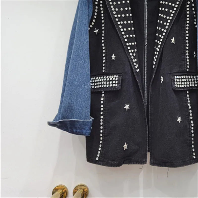 Pre Order:  Rivet Diamond Denim Spliced Loose Jacket