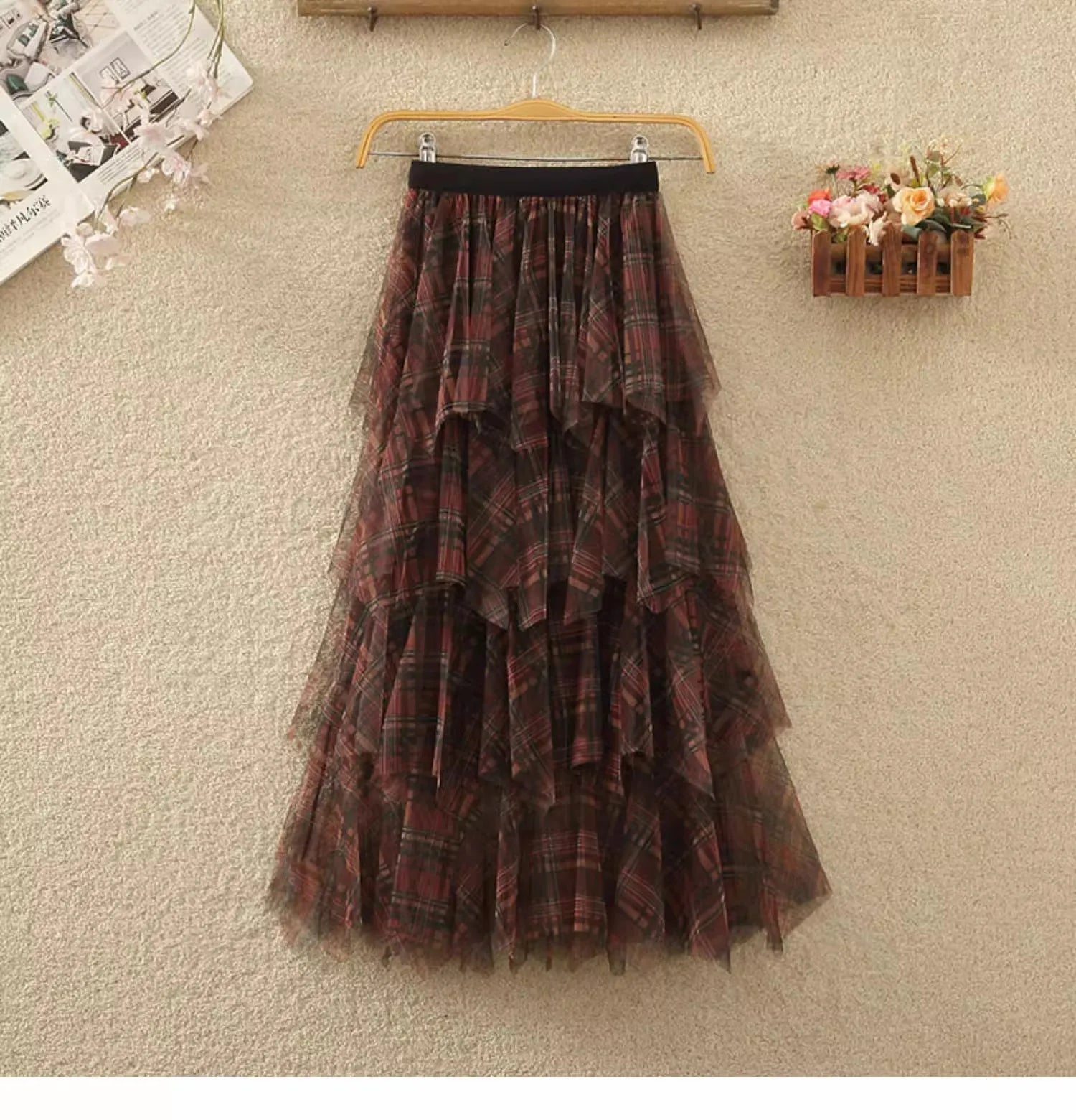 Pre Order: Vintage Plaid Long Tulle A-Line Skirt