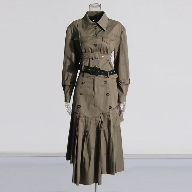 Pre Order:  Asymmetrical Double Belt Trench Top + Pleated Skirt Set