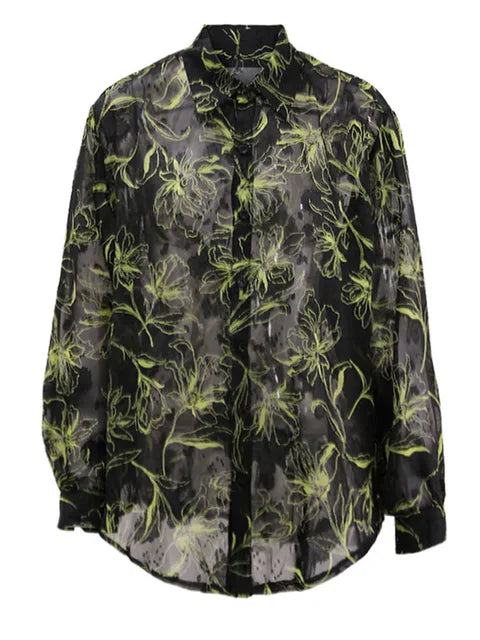 Pre Order:  Sheer Floral Print Long Sleeve Shirt