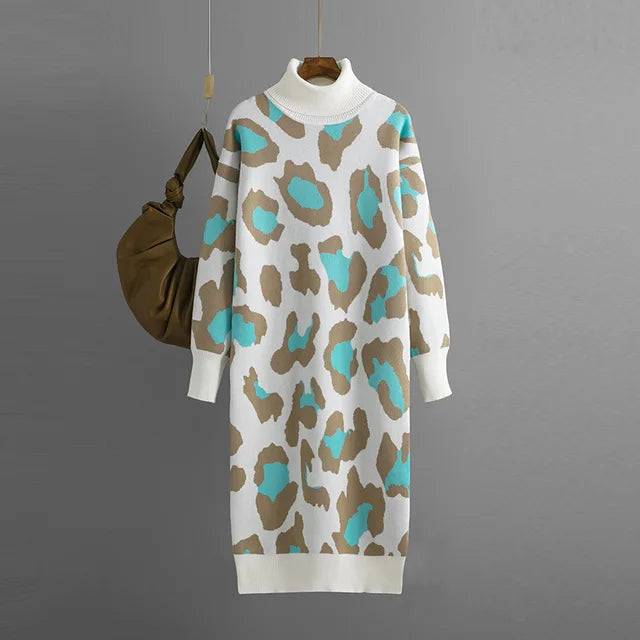 Pre Order:  Leopard Turtleneck Knitted Midi Dress