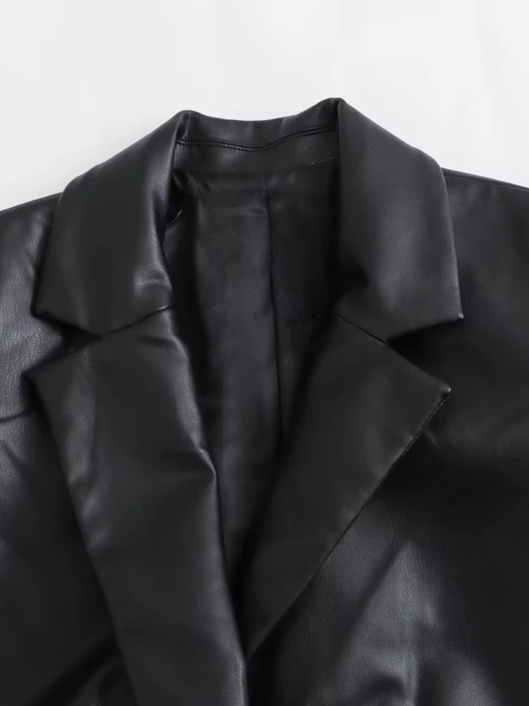 Pre Order:  Black Faux Leather Single-Breasted Turn-Down-Collar Trench Coat