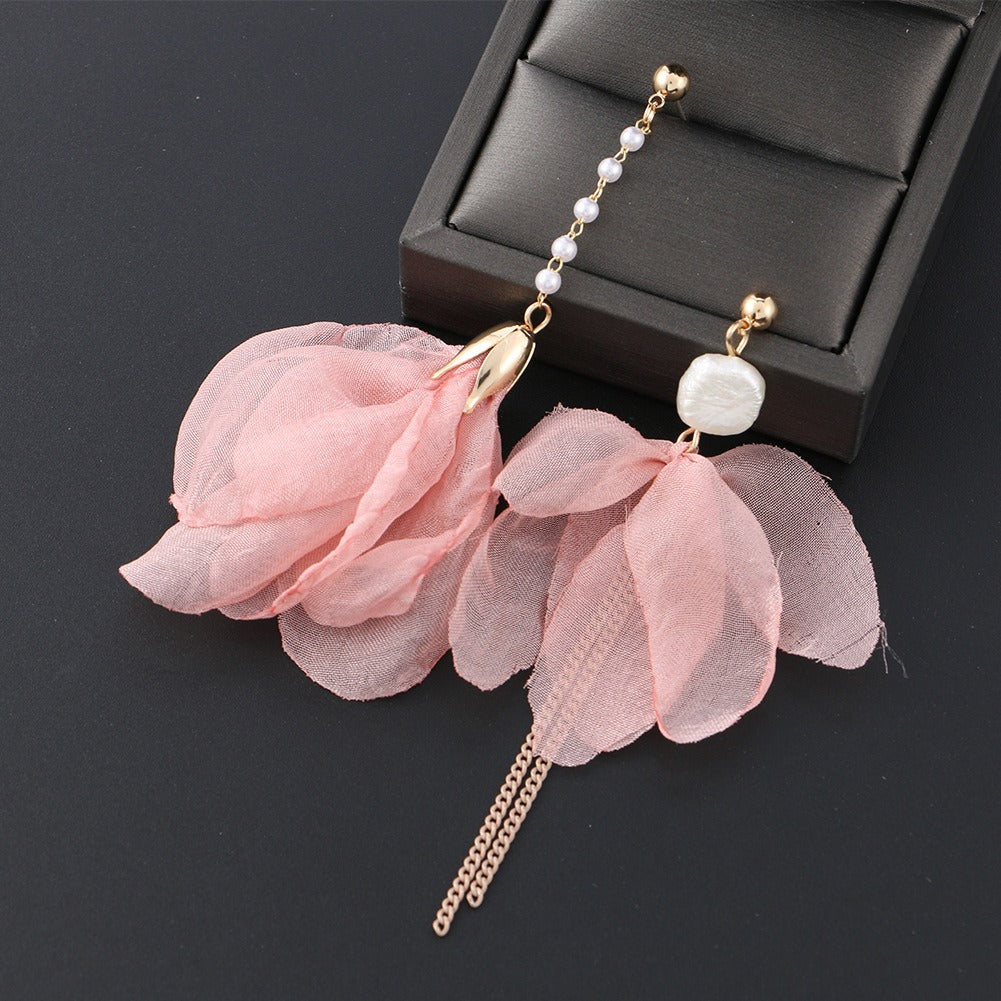 Pre Order:  Long Tassel Flower Pearl Asymmetric Earrings