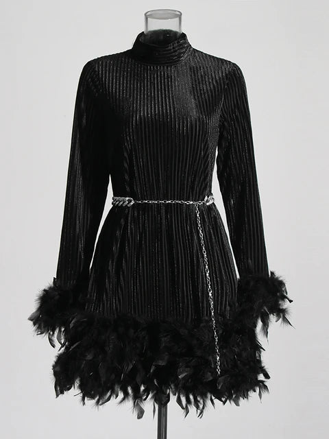 Pre Order:  Solid Patchwork Feather Long Sleeve High Waist Dress