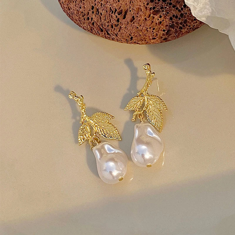 Pre Order:  S925 Silver Needle Vintage Metal Leaf Pearl Earrings