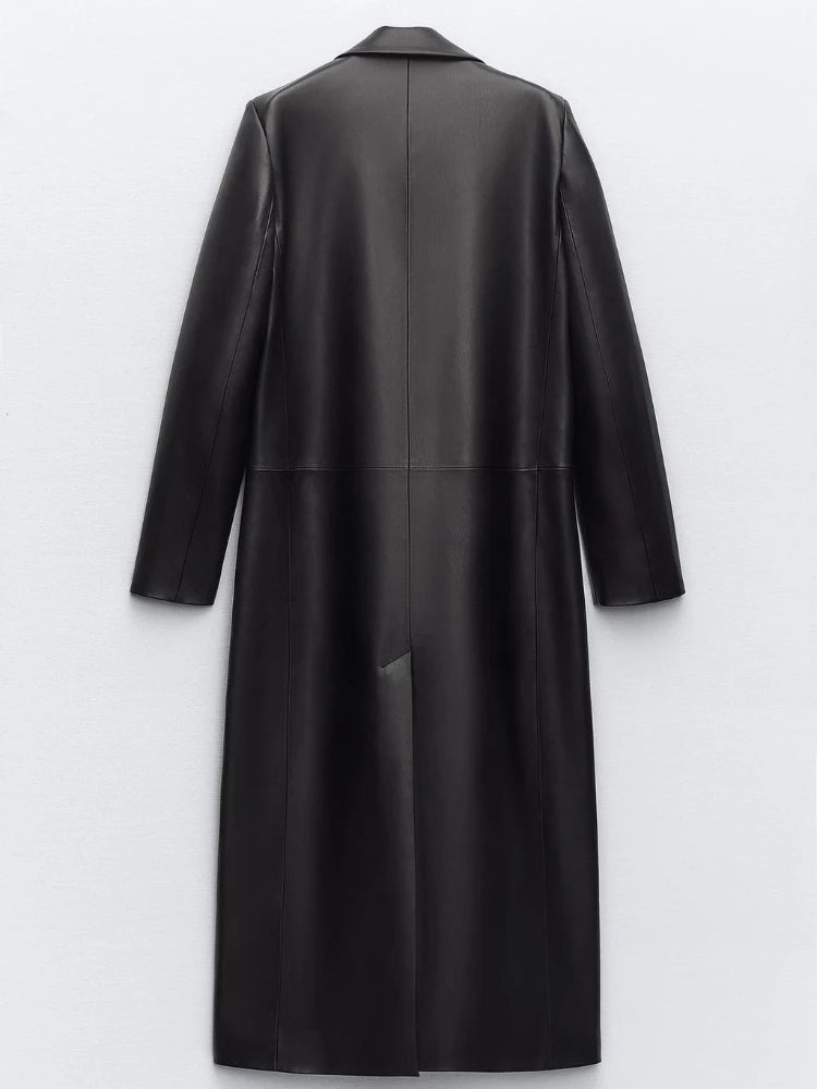 Pre Order:  Black Faux Leather Single-Breasted Turn-Down-Collar Trench Coat