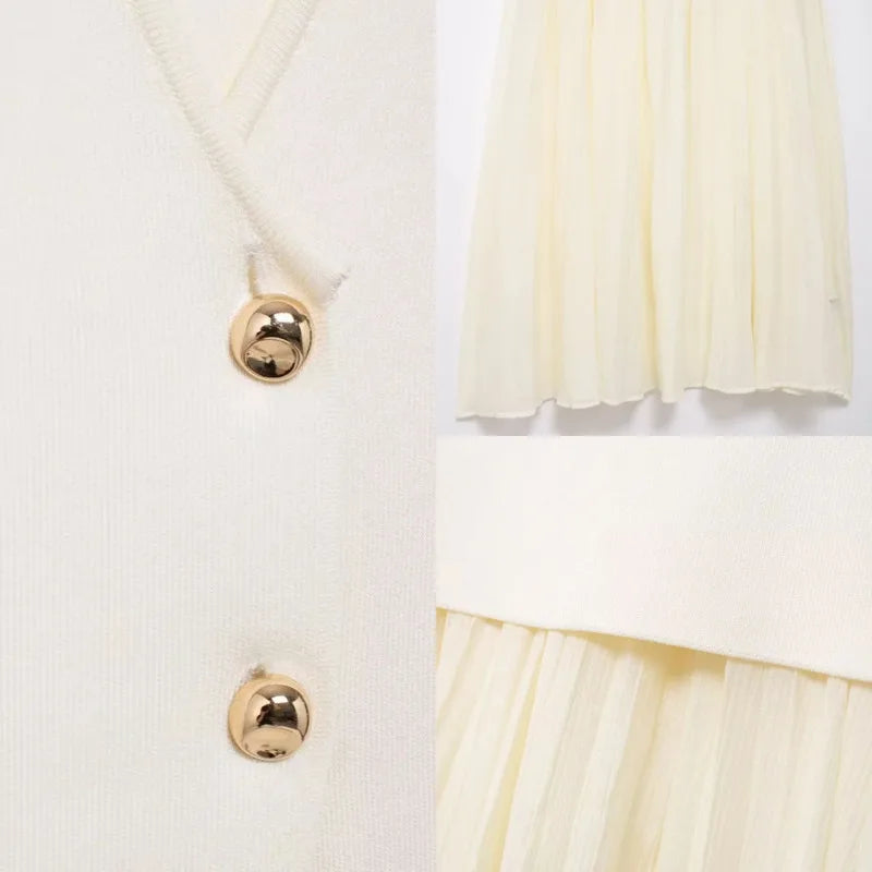 Pre Order:  Gold Button Knitted Vest + Pleated Skirt