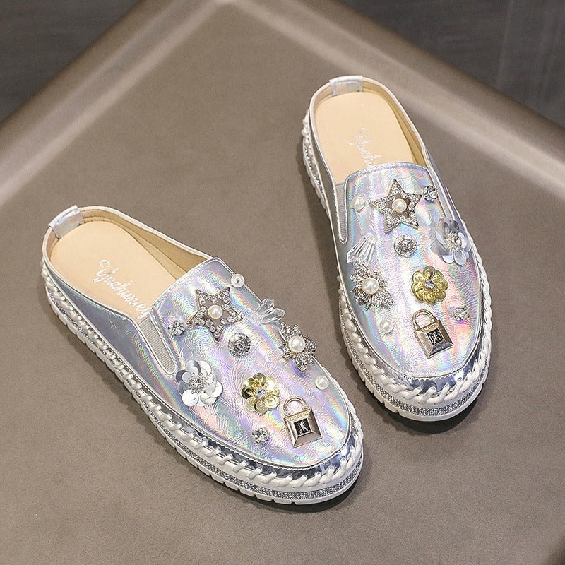 Pre Order:  Thick-Soled Rhinestone Casual Slip On Round Toe Loafers