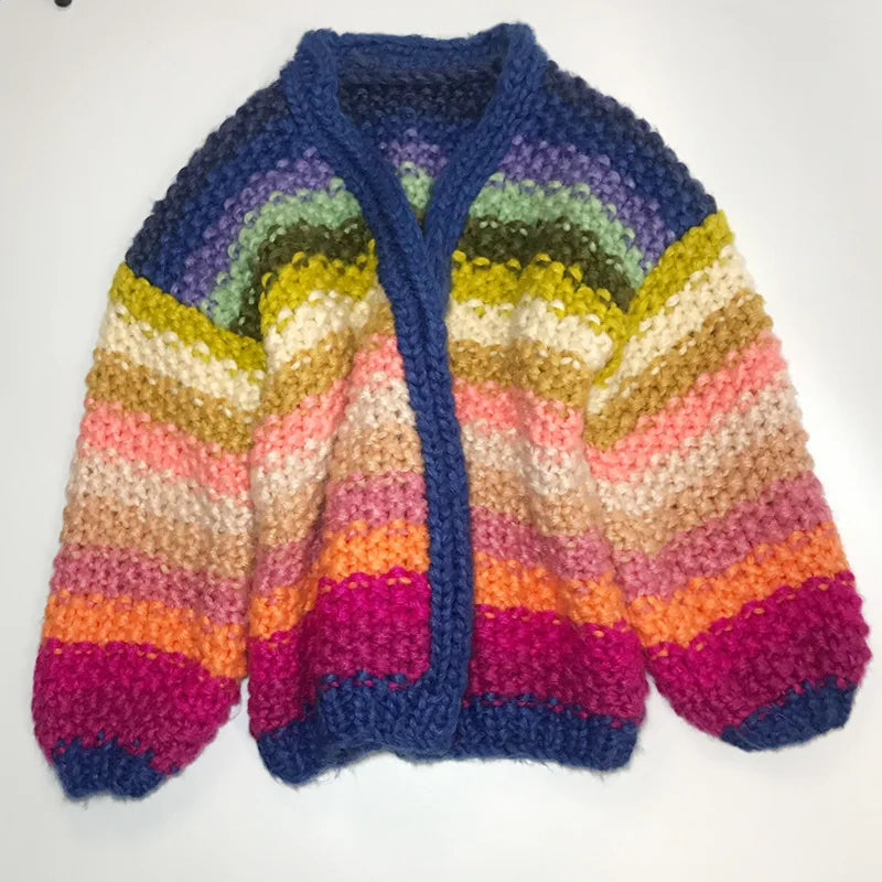 Handmade Rainbow Striped Crocheted Thick Cardigan