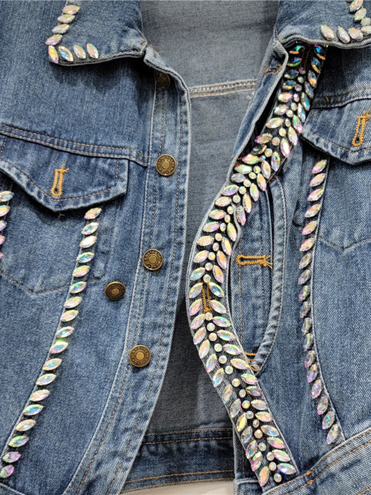 Pre Order:  Denim Splicing Asymmetry Crystal Single Breasted Jacket