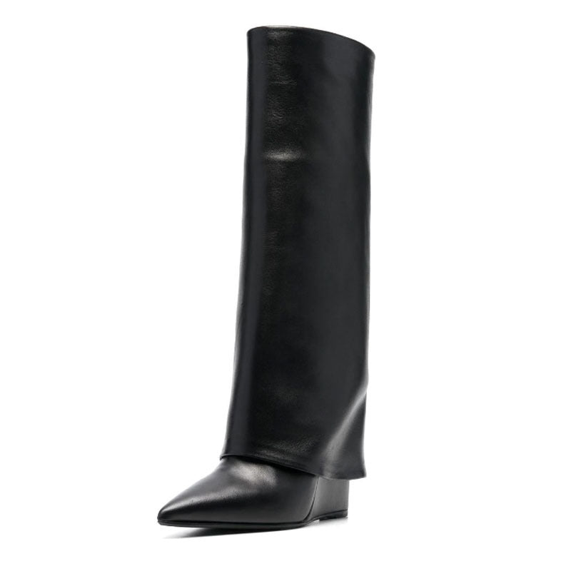 Pre Order:  Black Pointed Toe High Wedge Heel Knee High Boots