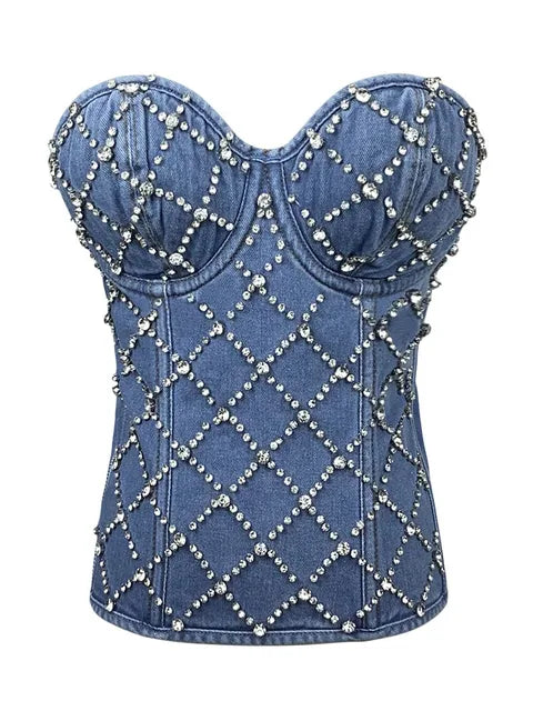 Pre Order:  Rhinestones Lattice Corset Tank Top