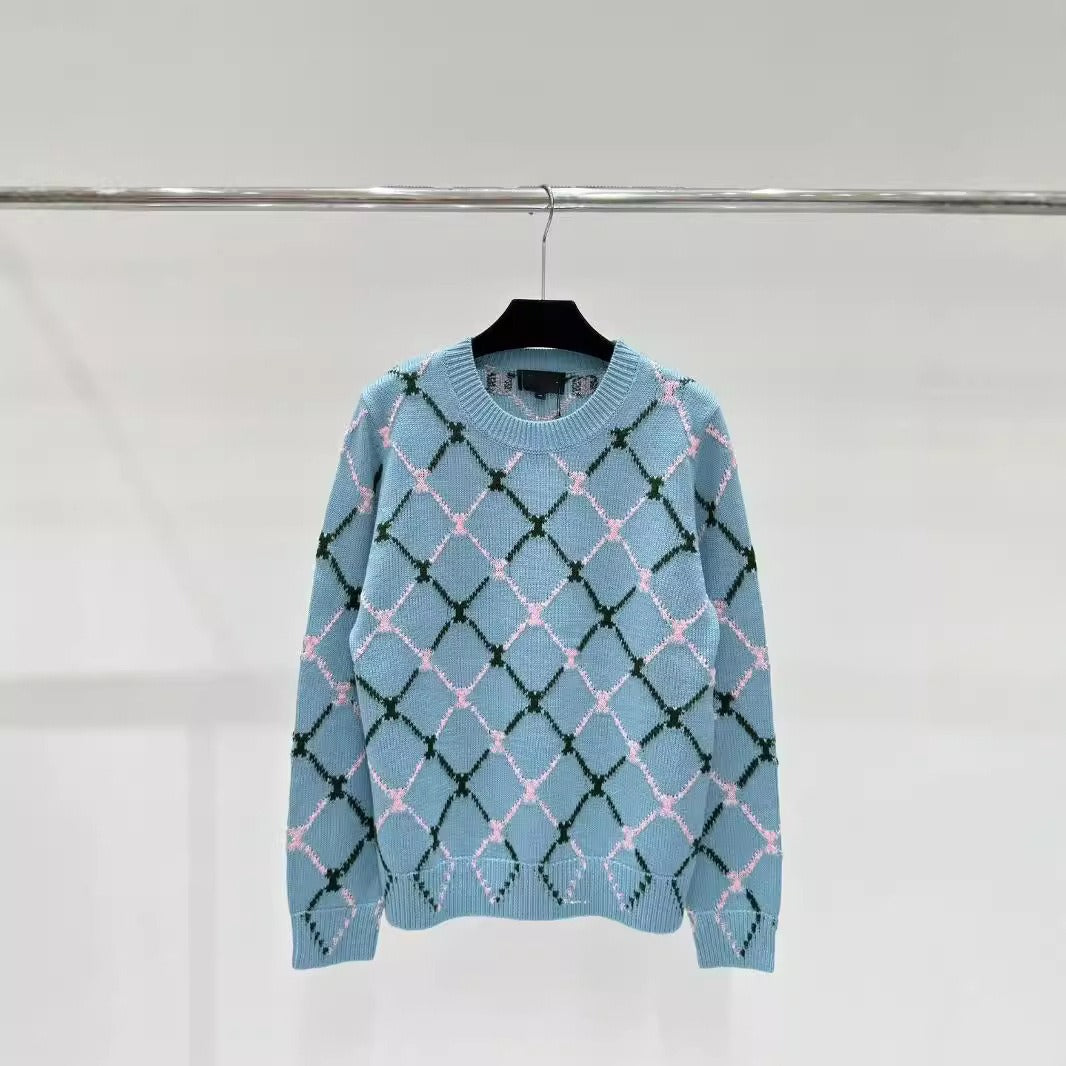 Pre Order:  Diamond Grid Jacquard Round Neck Knitted Sweater