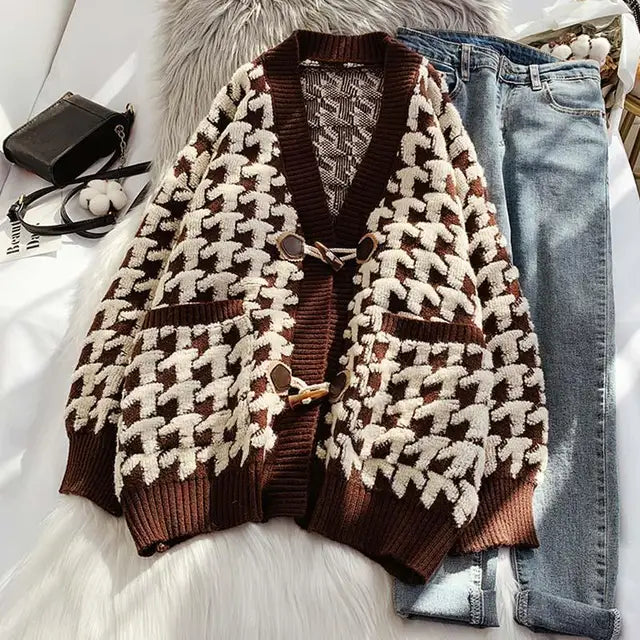 Plaid Antler Toggle Knitted Cardigan