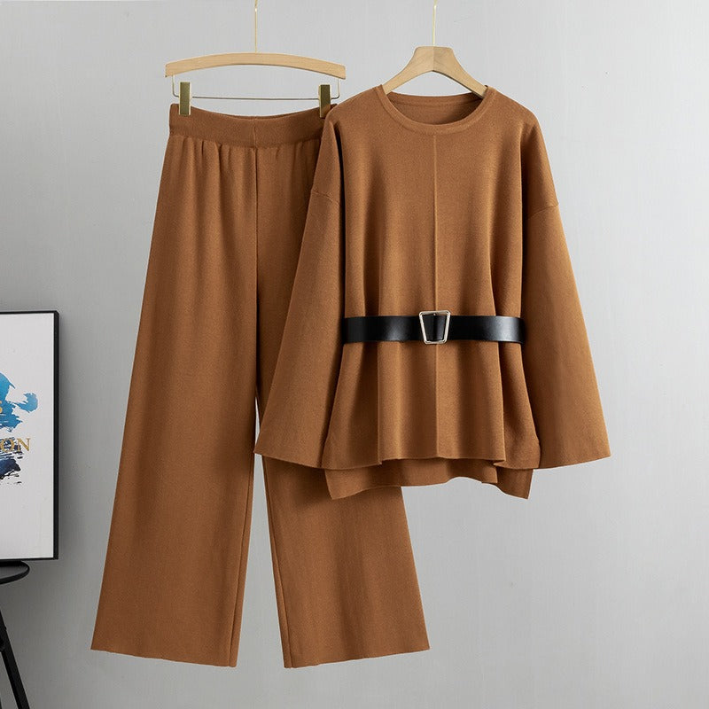 Pre Order: Knitted Loose Belted Sweater + Wide Leg Pants Set