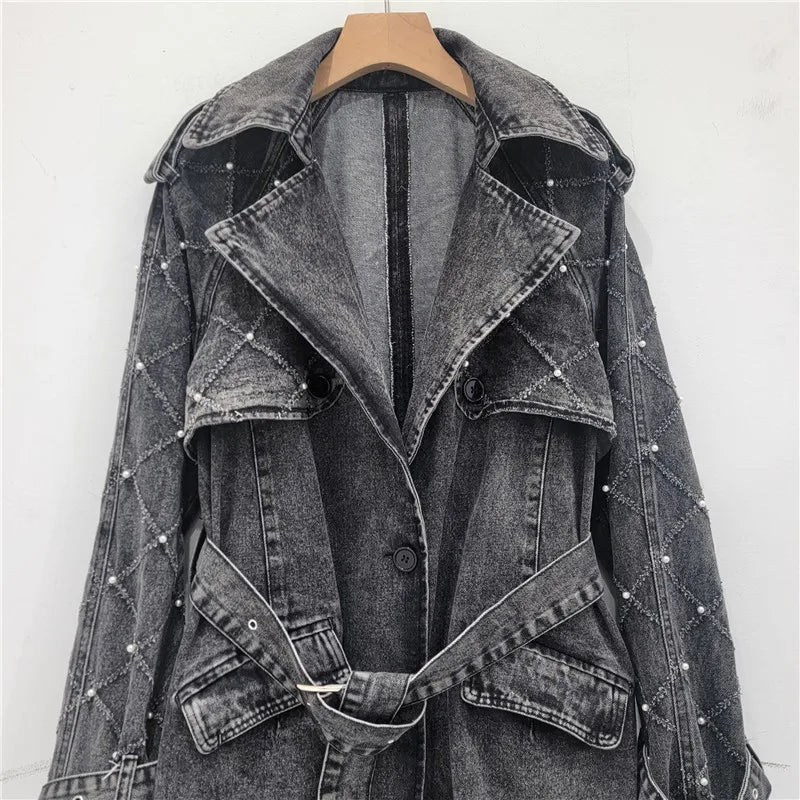 Pre Order:  Lace Up Denim Pearl Trench Coat