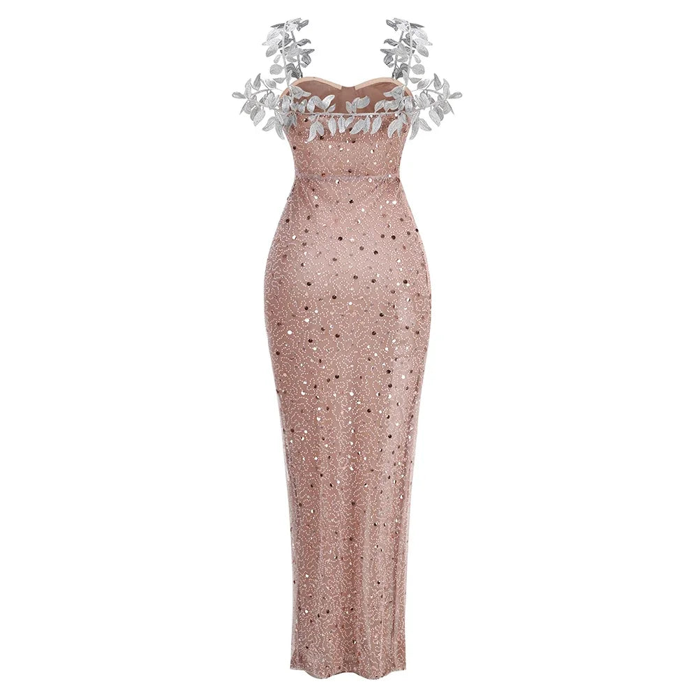 Pre Order:  Leaf Embroidery Sequin Maxi Dress