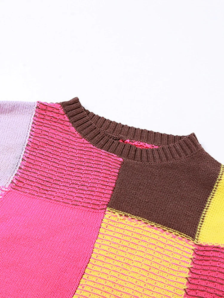 Casual Color Block Knitted Cropped Sweater