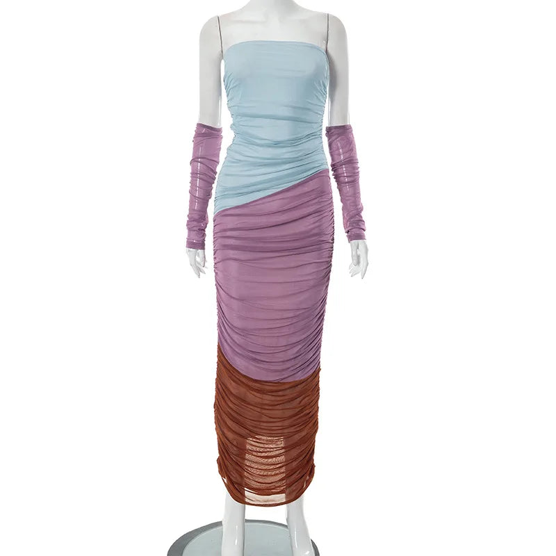 Tri-Color Ruched Mesh Dress