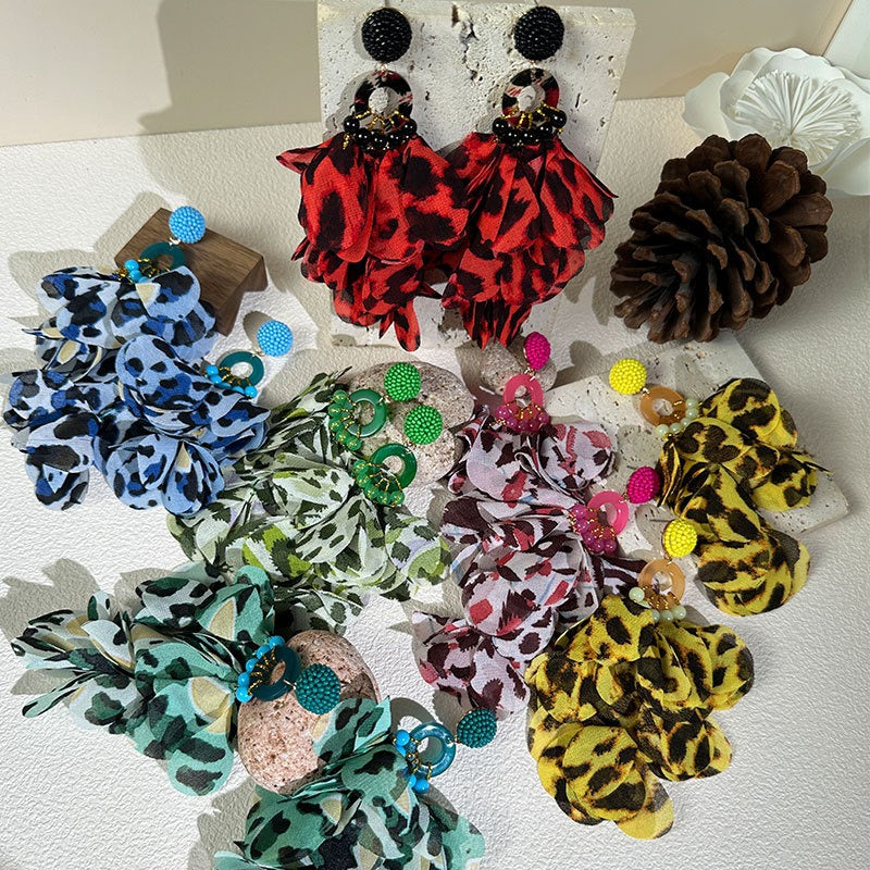 Pre Order:  Fabric Petals Dangling Beaded Earrings