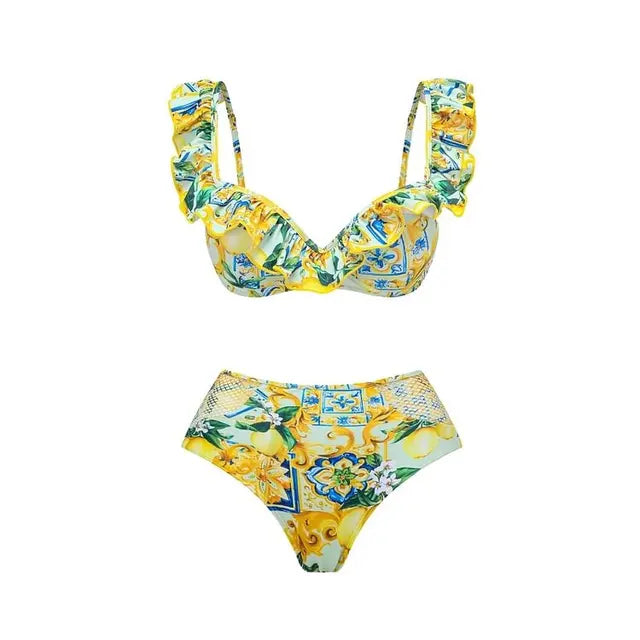Floral Two Piece + Mesh Splicing Sarong Swimsuit