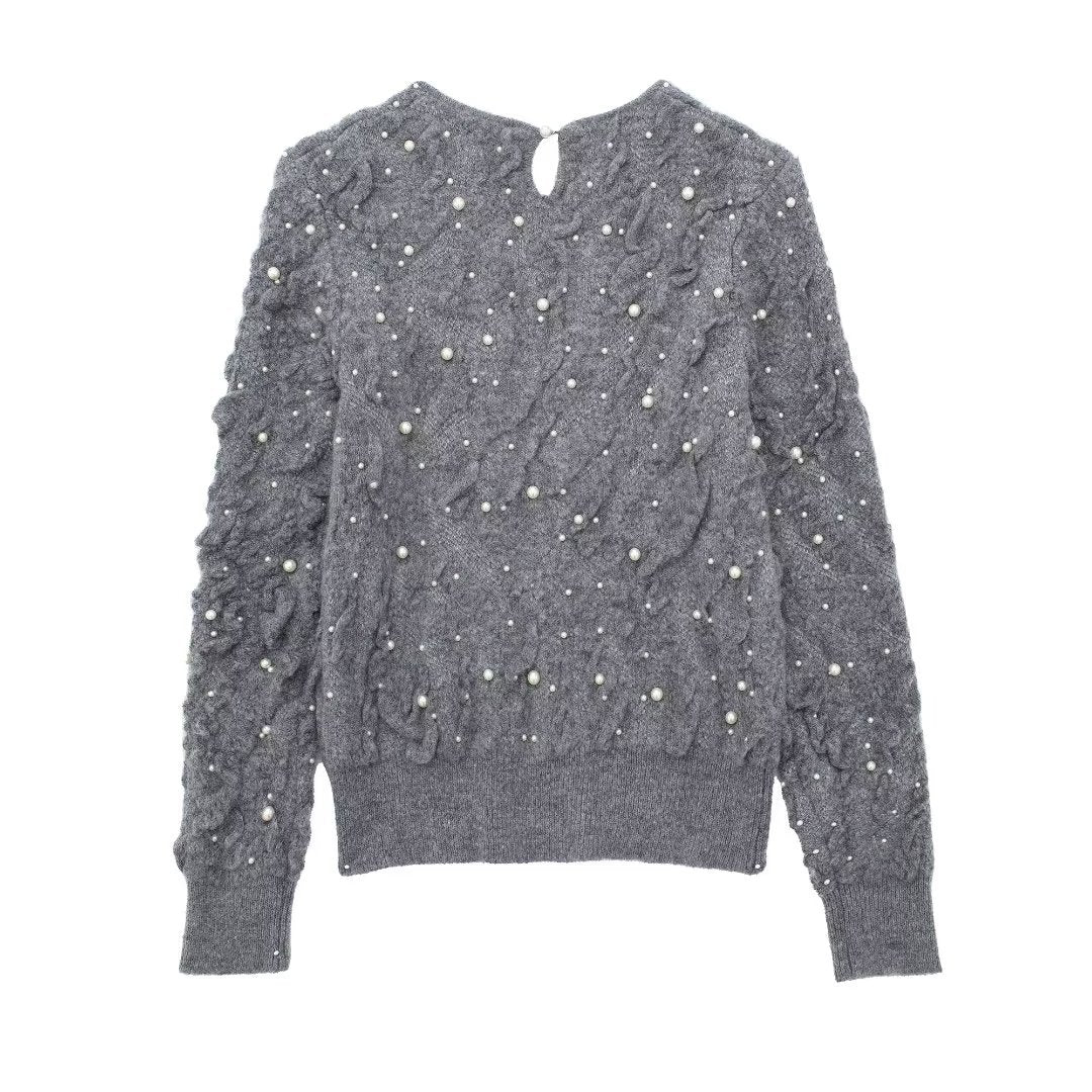 Pre Order:  Faux Pearls Textured Knitted Sweater