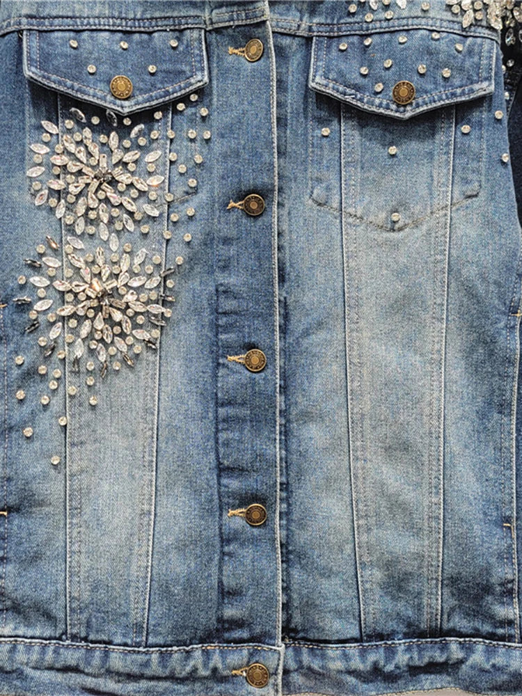 Pre Order:  Flower Diamond Embroidered Washed Denim Jacket