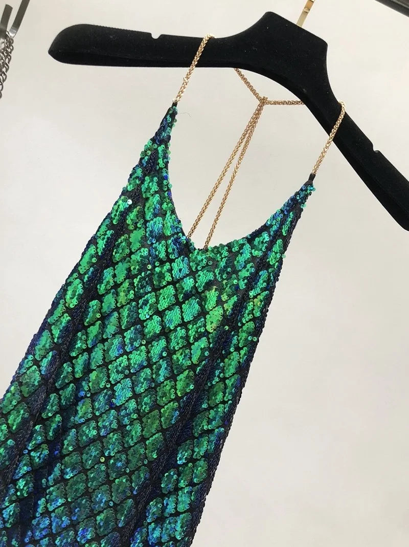 Pre Order:  Green Sequined Chain Strap Dress