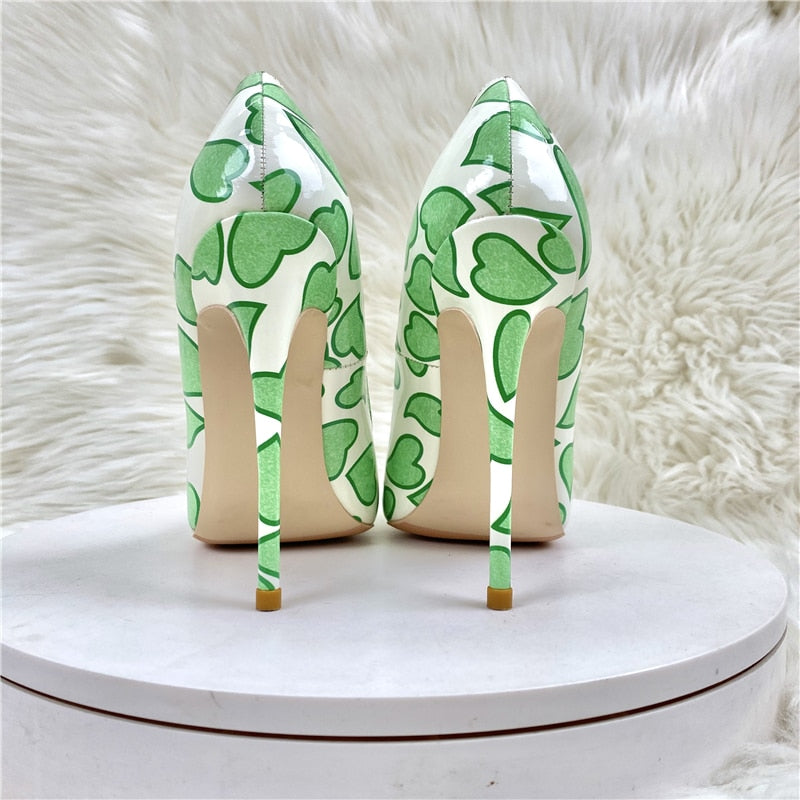 Pre Order:  Green Heart Patent Leather Pointed-Toe Shoes