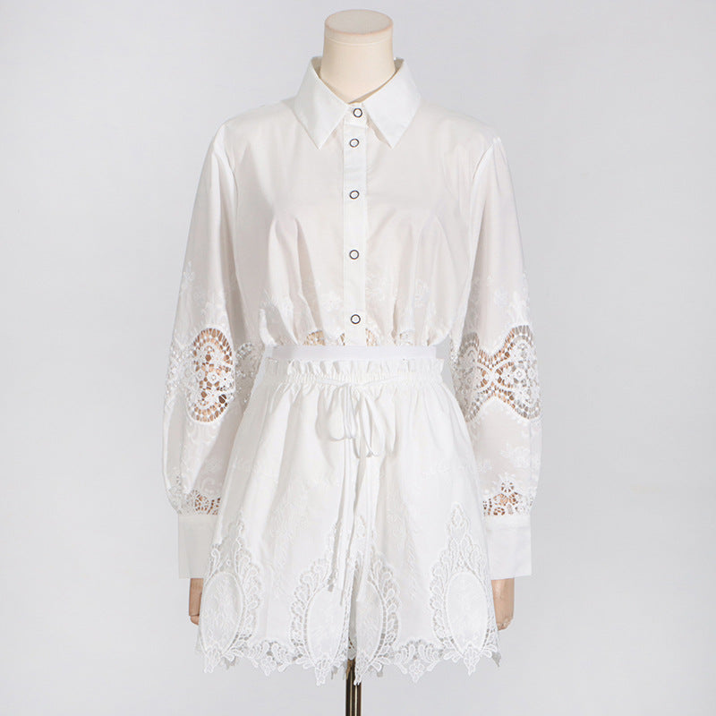 Embroidered Hollowed Out Shirt + Shorts Set