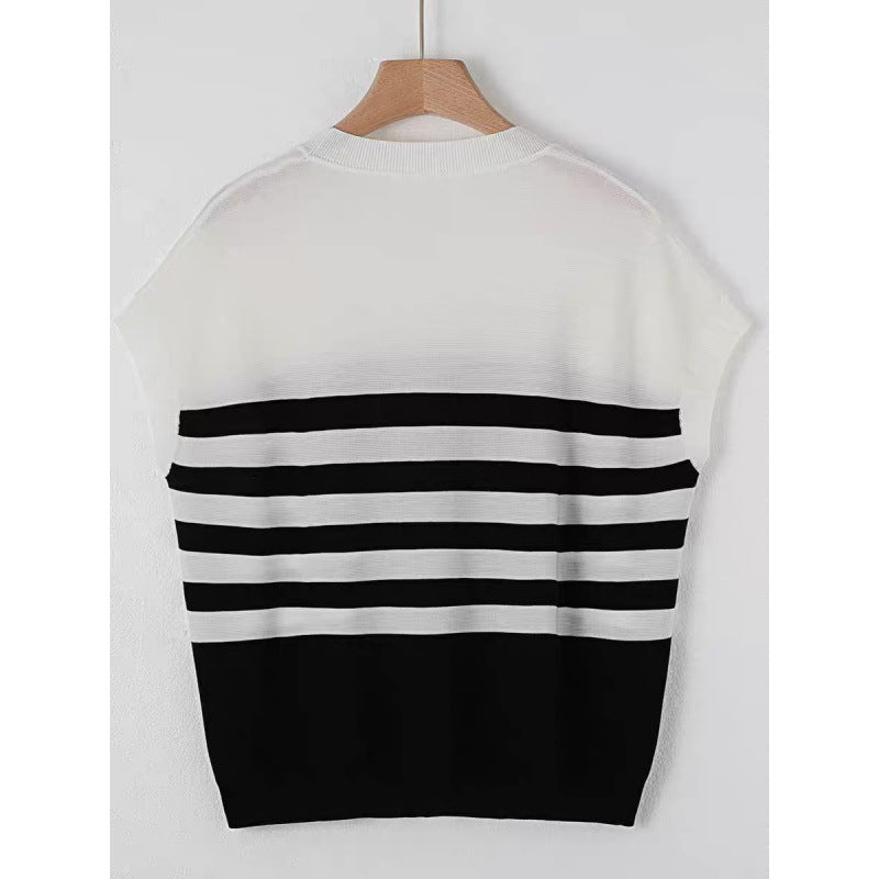 Pre Order: Striped Knitted Round Neck Short Sleeve Loose Top