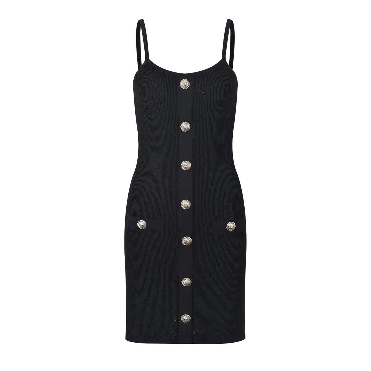 Pre Order:  Knitted False Pocket Buttoned Camisole Dress