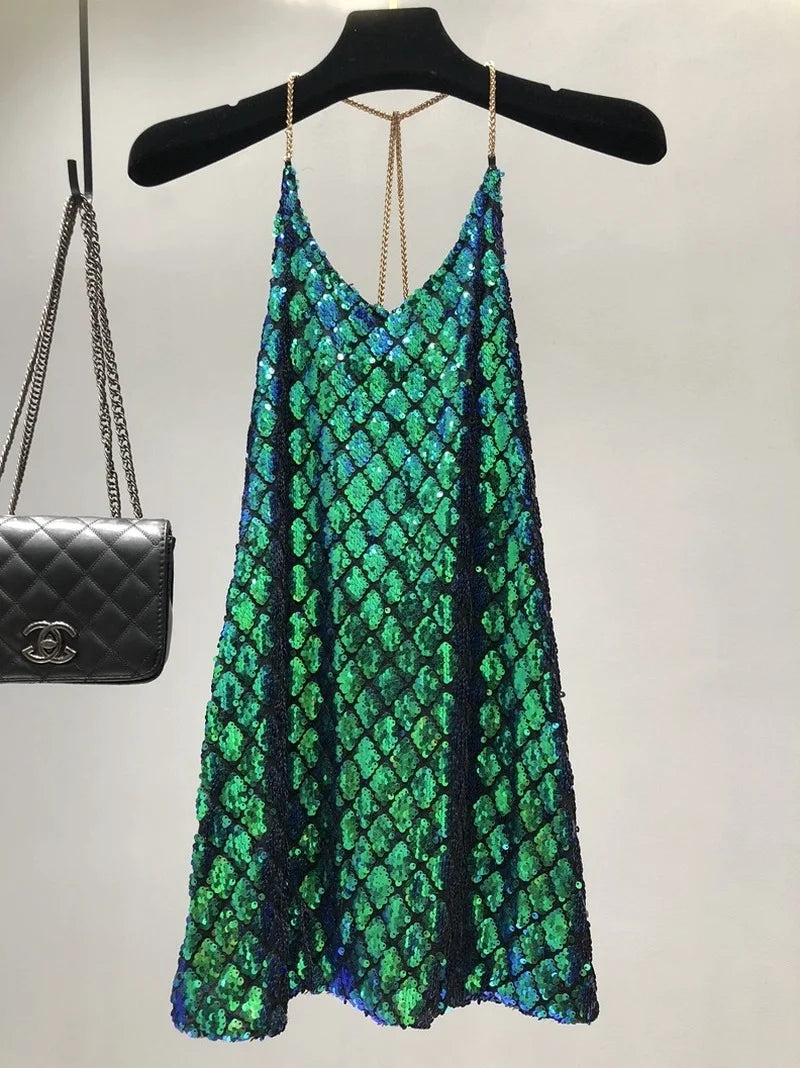 Pre Order:  Green Sequined Chain Strap Dress