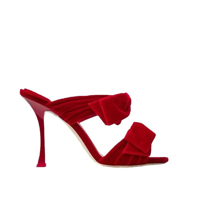 Pre Order:  Solid Velvet Bow Open Toe Sandals