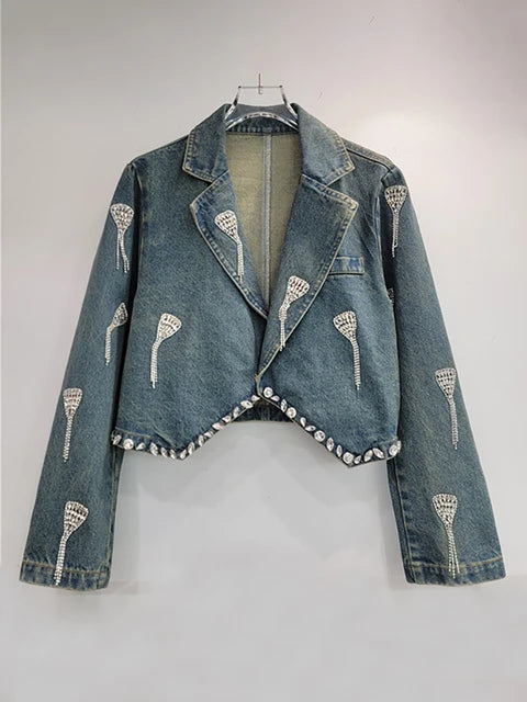 Pre Order: Embroidered Diamond Tassel Short Denim Jacket