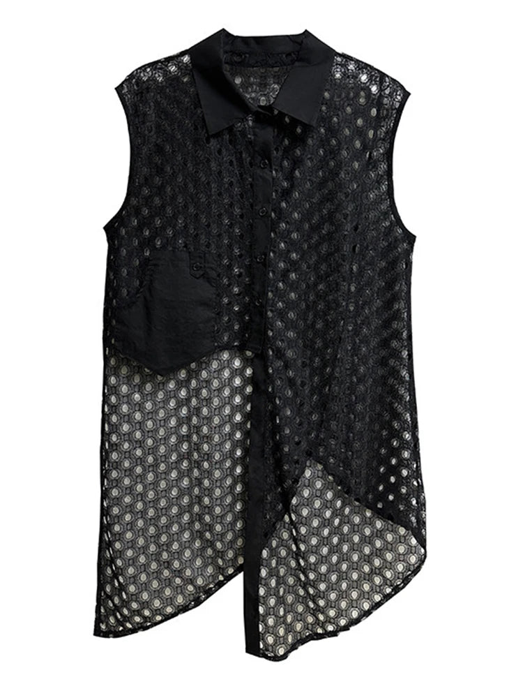 Pre Order:  Mesh Splicing Irregular Perspective Grid Sleeveless Shirt