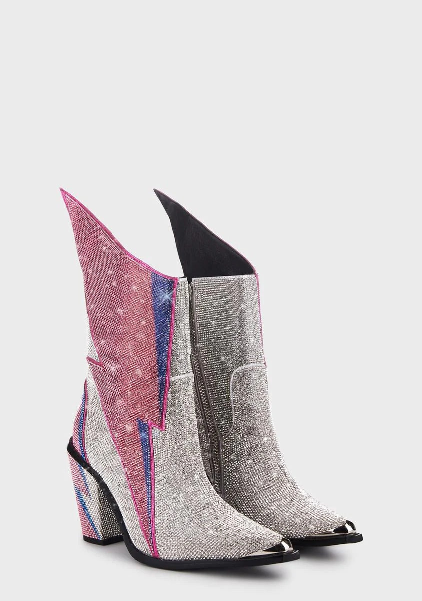 Rhinestone Lightning Bolt High Heel Ankle Boots