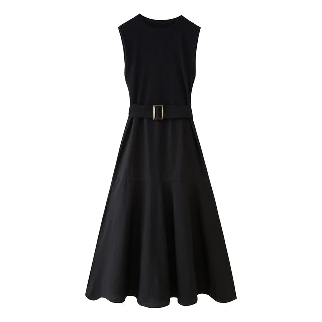 Solid Patchwork Belt Midi Dress