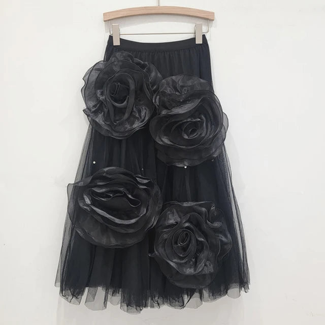 Pre Order: Mesh Handmade 3D Flower High Elastic Waist Skirt