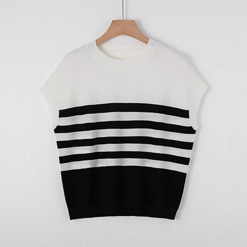 Pre Order: Striped Knitted Round Neck Short Sleeve Loose Top