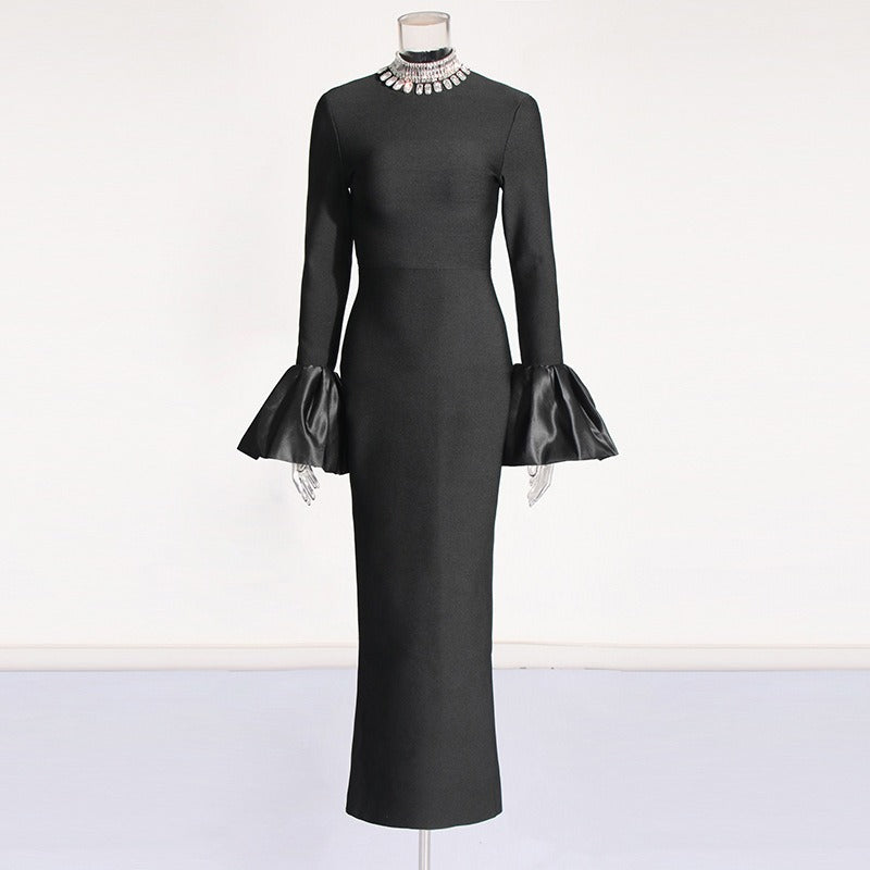 Pre Order: Trumpet Sleeves Ruffled Edge Hip Hugging Bandage Dress