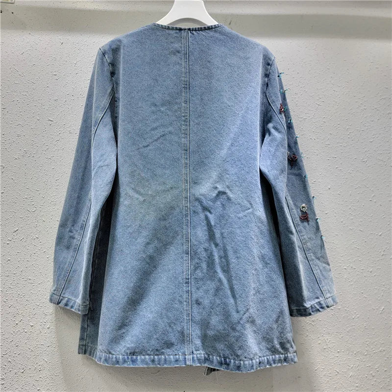 Pre Order:  Bead Studded Front Pockets Denim Jacket