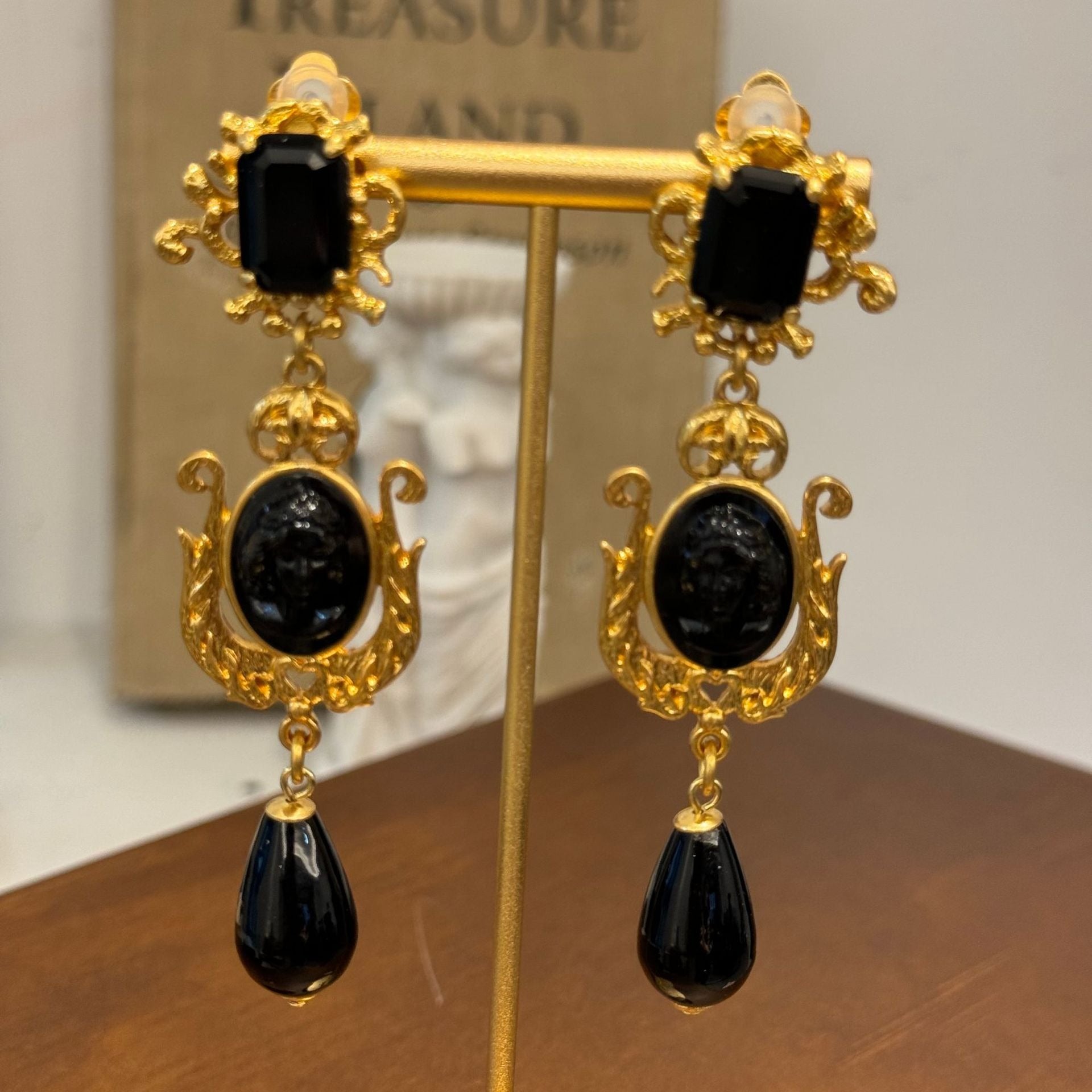 Pre Order:  Vintage Black Agate Prince Head Dangle Earrings