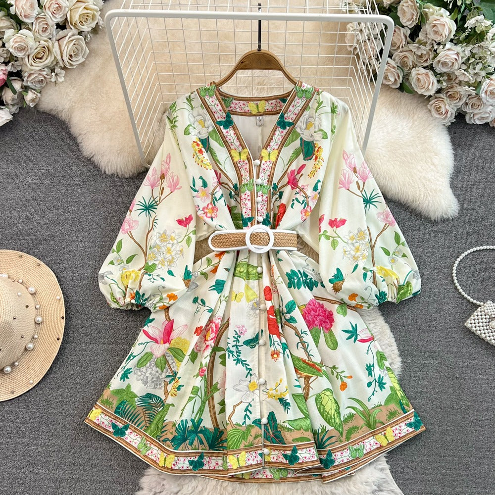 Flower Print Lantern Sleeves V-Neck A-Line Dress