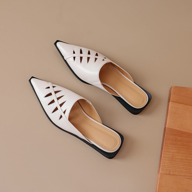 Pre Order:  Cowhide Hollow Pointy Low Heel Mule Shoes